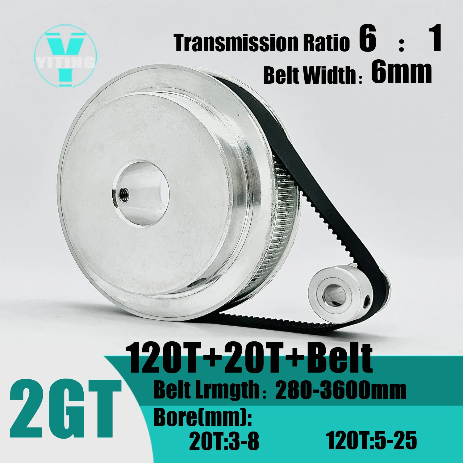 

2GT 2M 120Teeth 20T GT2 20Teeth 120T Timing Belt Pulley Set Belt Width 6mm Bore 3~25mm 6:1 Wheel Synchronous Pulley Belt Kit