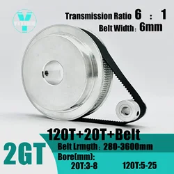 2GT 2M 120Teeth 20T  GT2 20Teeth 120T Timing Belt Pulley Set Belt Width 6mm Bore 3~25mm  6:1 Wheel Synchronous Pulley Belt Kit
