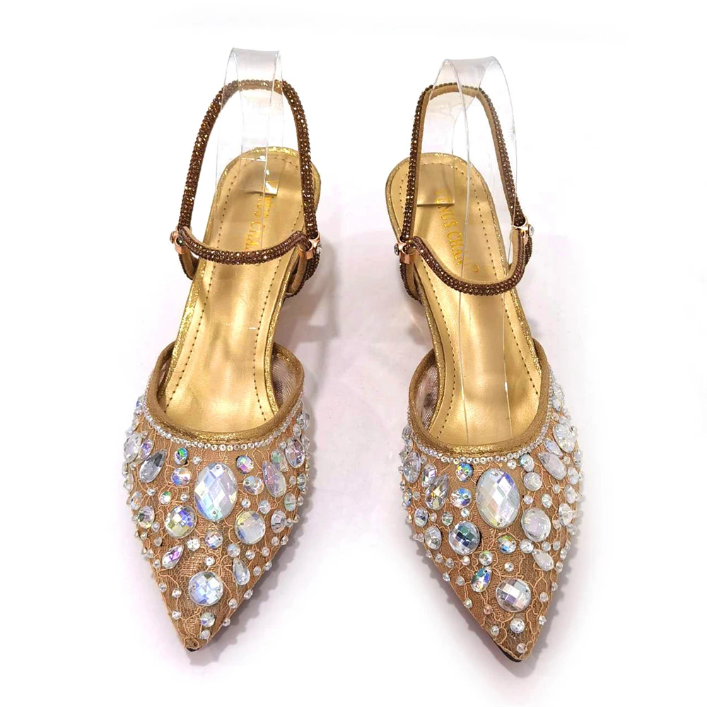 Fashion Gold Color  Slippers Nigerian Party Italian Design Ladies Shoes and Bag Set Decorated With Rhinestone and Metal