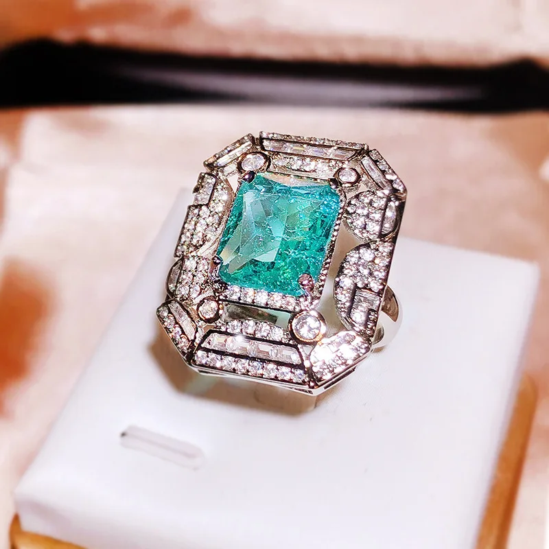 Geometric Square Green Zircon Ring Luxury White Full Diamond Opening 925 Sterling Silver Women\'s Jewelry High-end Banquet Ring