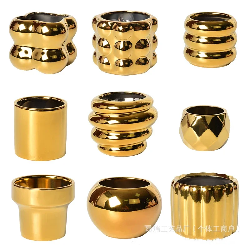 Nordic Electroplated Golden Ceramic Flowerpots Creative Fleshy Green Plantpots Light Luxury High Sense Ornaments Flowerpots - view 5
