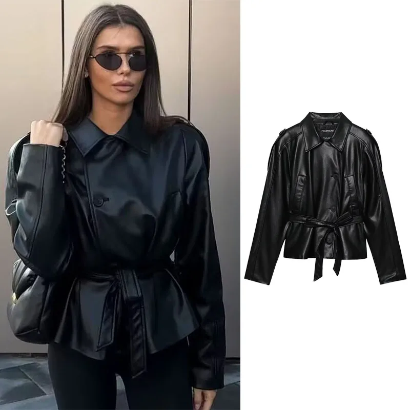 

Women Leather Jacket 2025 Women New Long Sleeve Button With Belt High Street Short Leather Jacket Lady Autumn Leisure Outerwear
