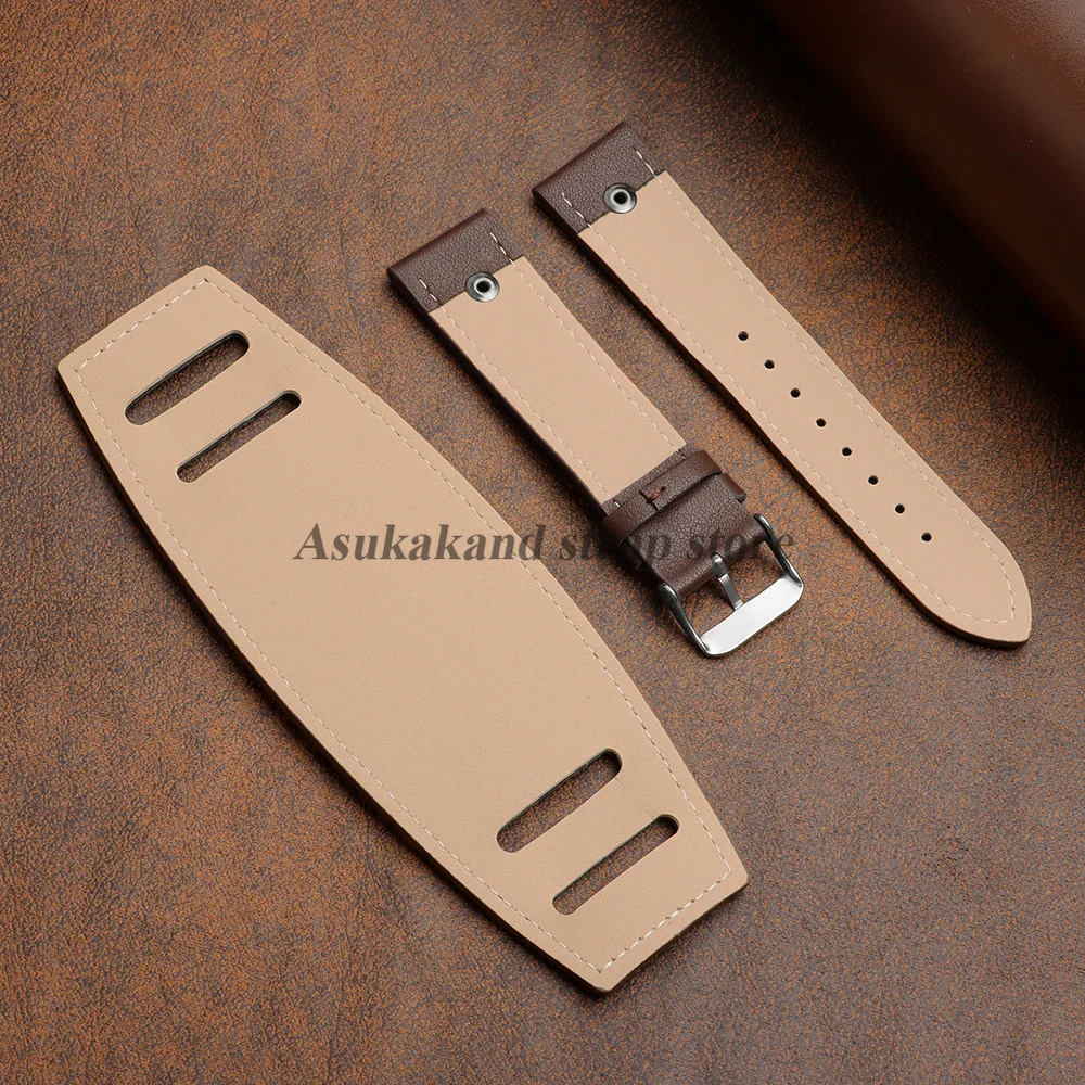 Genuine Leather Cuff Watch Strap 20mm 22mm 24mm With Bund Strap Retro Style Design Black Brown for Men Women Bracelet Wristband
