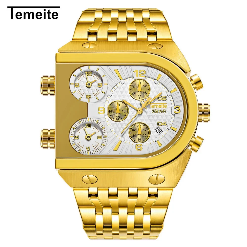 Temeite 2025 Retro Golden Men's Watch Luxury Bronze Stainless Steel Quartz Sport Wristwatch Big Dial Male Relogio Masculino