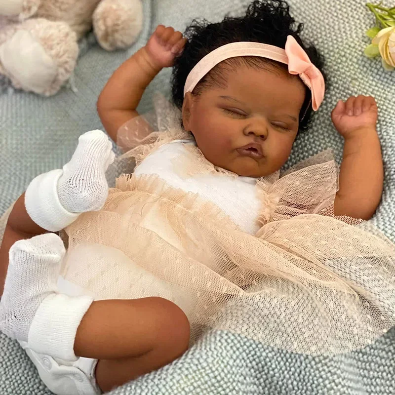 18 นิ้วเด็กทารก Reborn Quinbee ทารกแรกเกิดตุ๊กตาเหมือนจริง Soft Touch Cuddly Baby Dark ผิวภาพวาด 3D ผิวมือรากผม