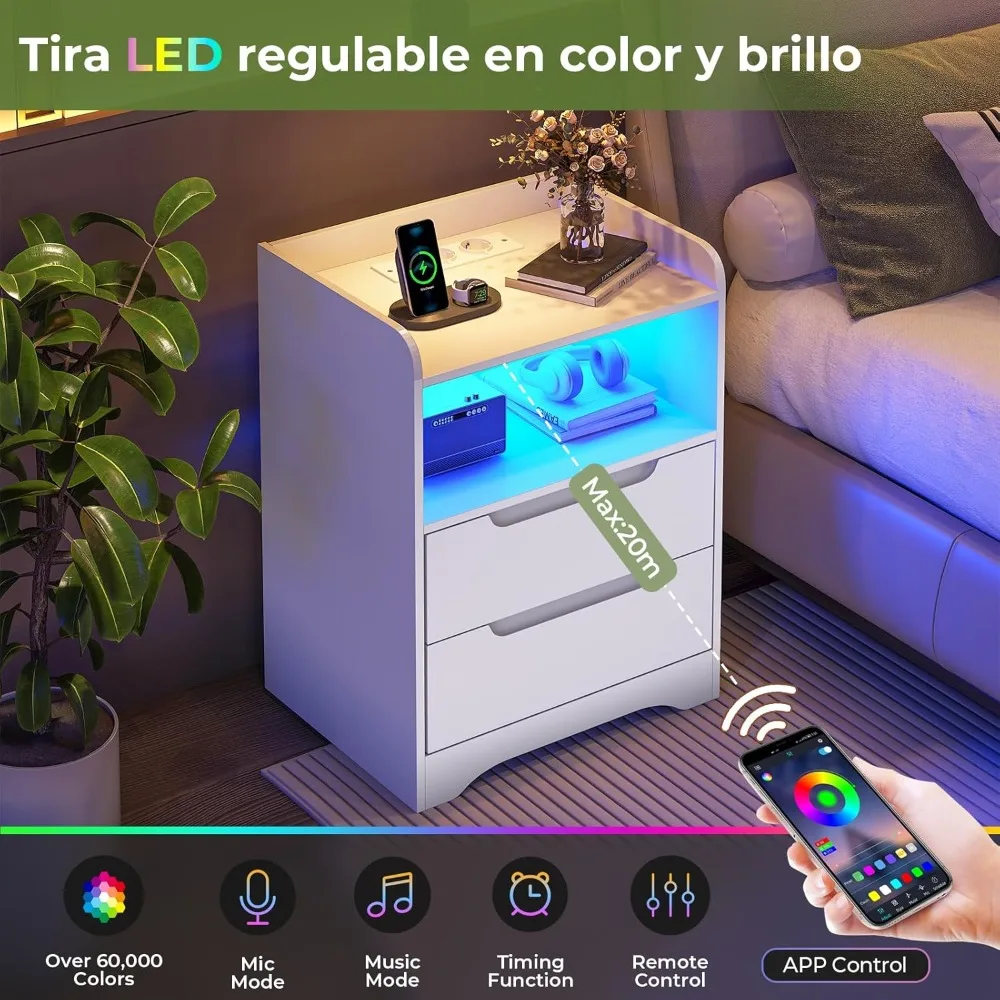 Juego 2 Mesitas Noche con luces LED y Estacional Carga (2 Tomas AC، 2 Portos USB) Mesita Noche Blanca Mesas Auxiliar #5
