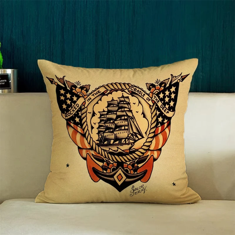 

Retro Sailor Tattoos Cushion Cover 45*45 Decorative Pillowcases Home Decor Pillowcase 40x40 45x45 Cushions Cover Pillow Cases