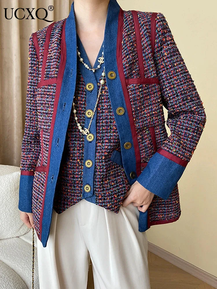 

Женский винтажный комплект UCXQ в европейском стиле, твидовый свободный Универсальный пиджак с V-образным вырезом и жилет, элегантный комплект из двух предметов, весна-осень 2024, 3A9936