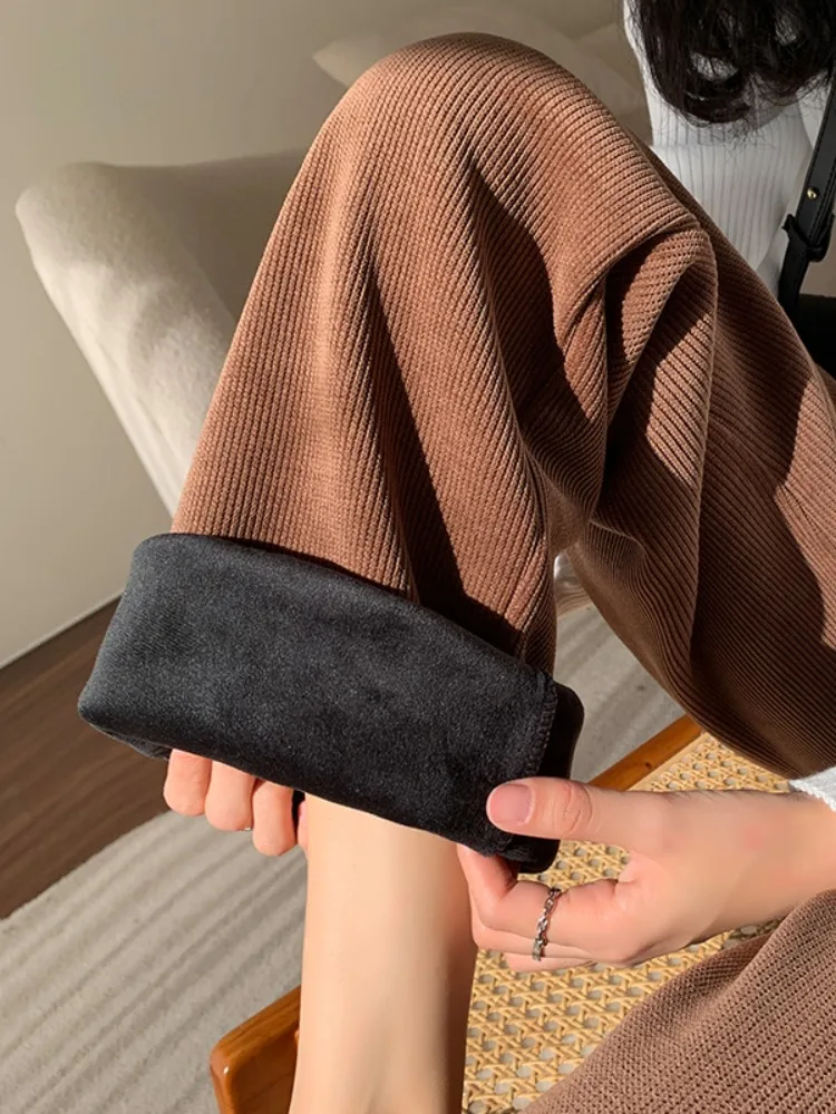 กางเกงขายาวลำลองบุขนสำหรับผู้หญิง ใส่เดินทาง ใส่เดินเล่น เอวสูง ทรงขากว้าง เหมาะสำหรับฤดูหนาว