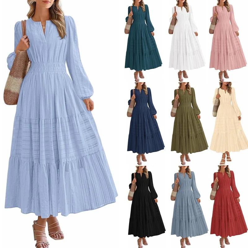 

Summer Casual Long-sleeved V-neck Layered Ruffle Fringe A-line Cocktail Party Elastic Waist Bohemian Side Pocket Beach Resort