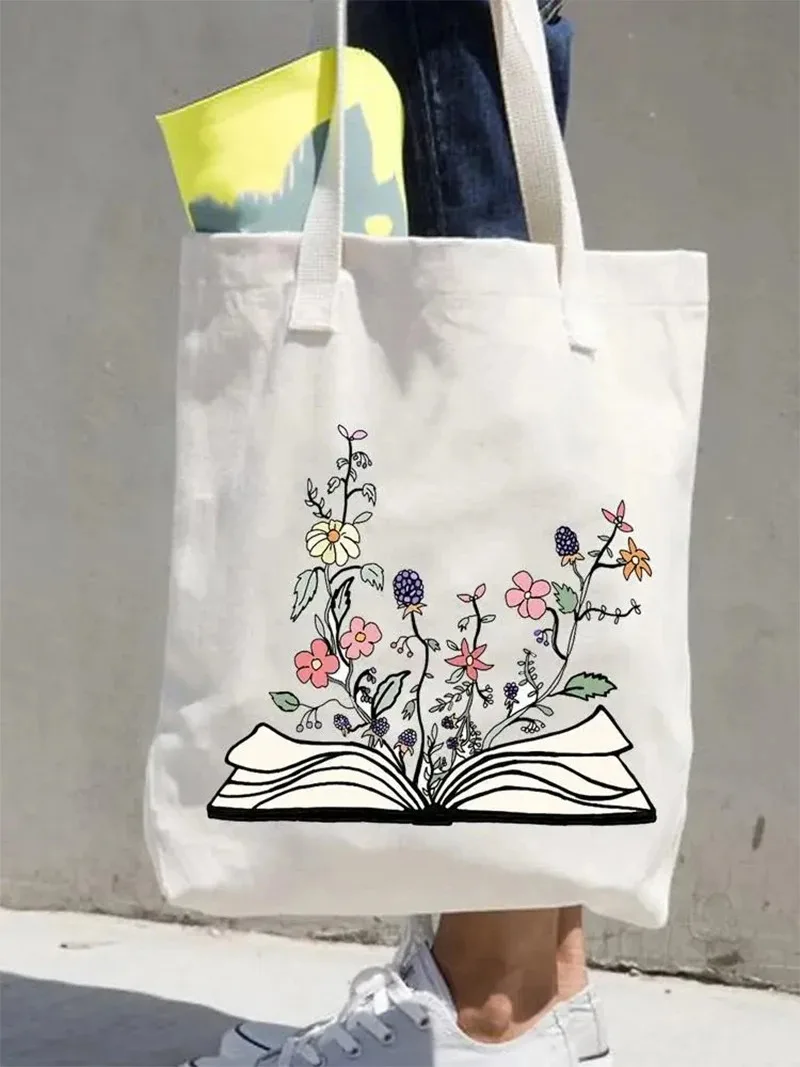 

Floral pattern canvas handbag, aesthetic shopping, reusable groceries, school gifts