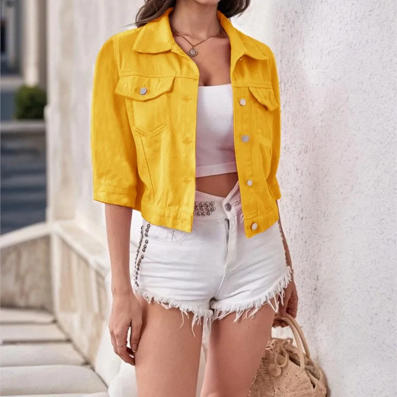 Women Denim Jacket Spring Autumn Short Coat Pink Jean Jackets Casual Tops Purple Yellow Purple Blue Loose Tops Lady Outerwear