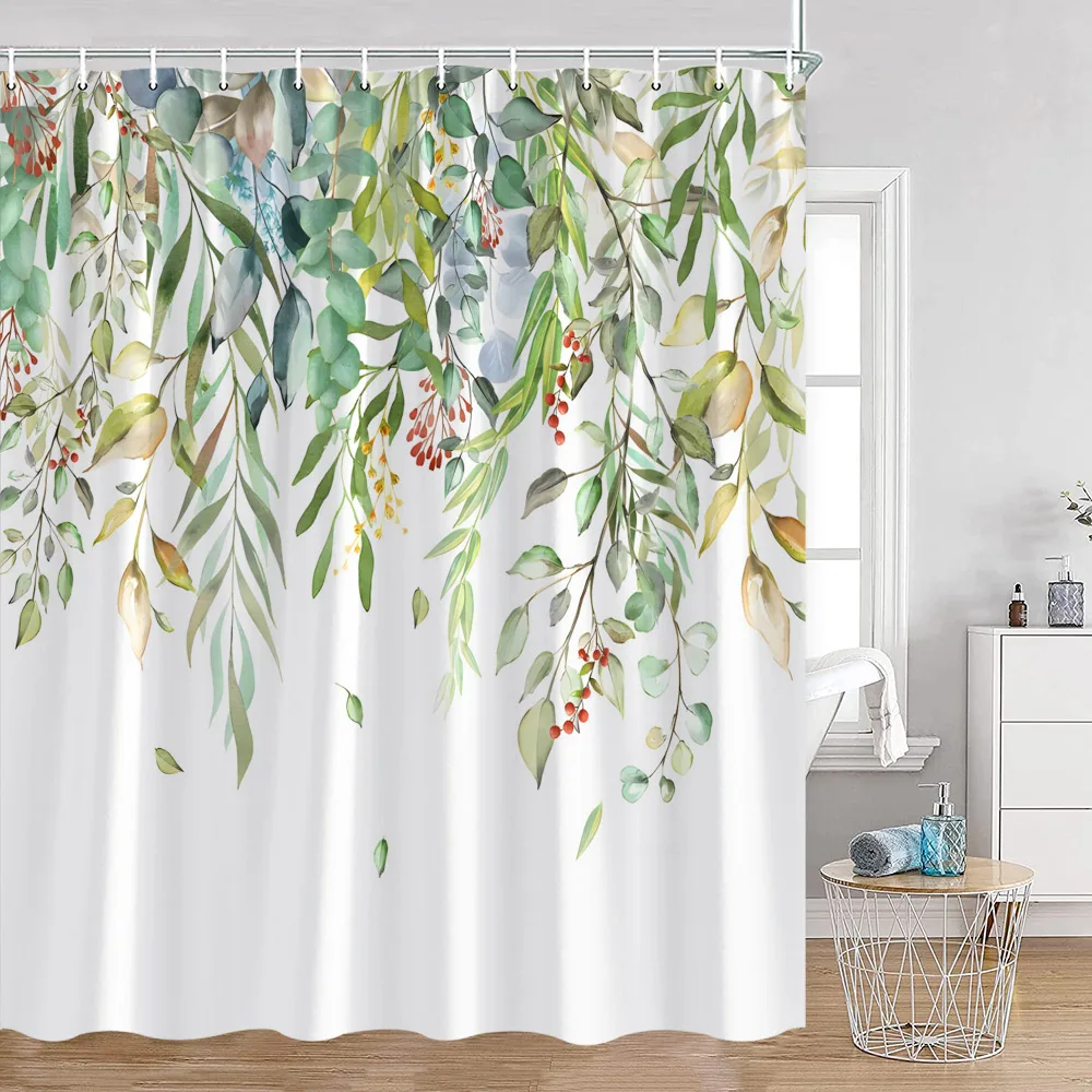 Watercolour Floral Leaves Shower Curtains Green Vine Plant Eucalyptus Leaf Modern Minimalist Bathroom Curtain Decor With Hooks