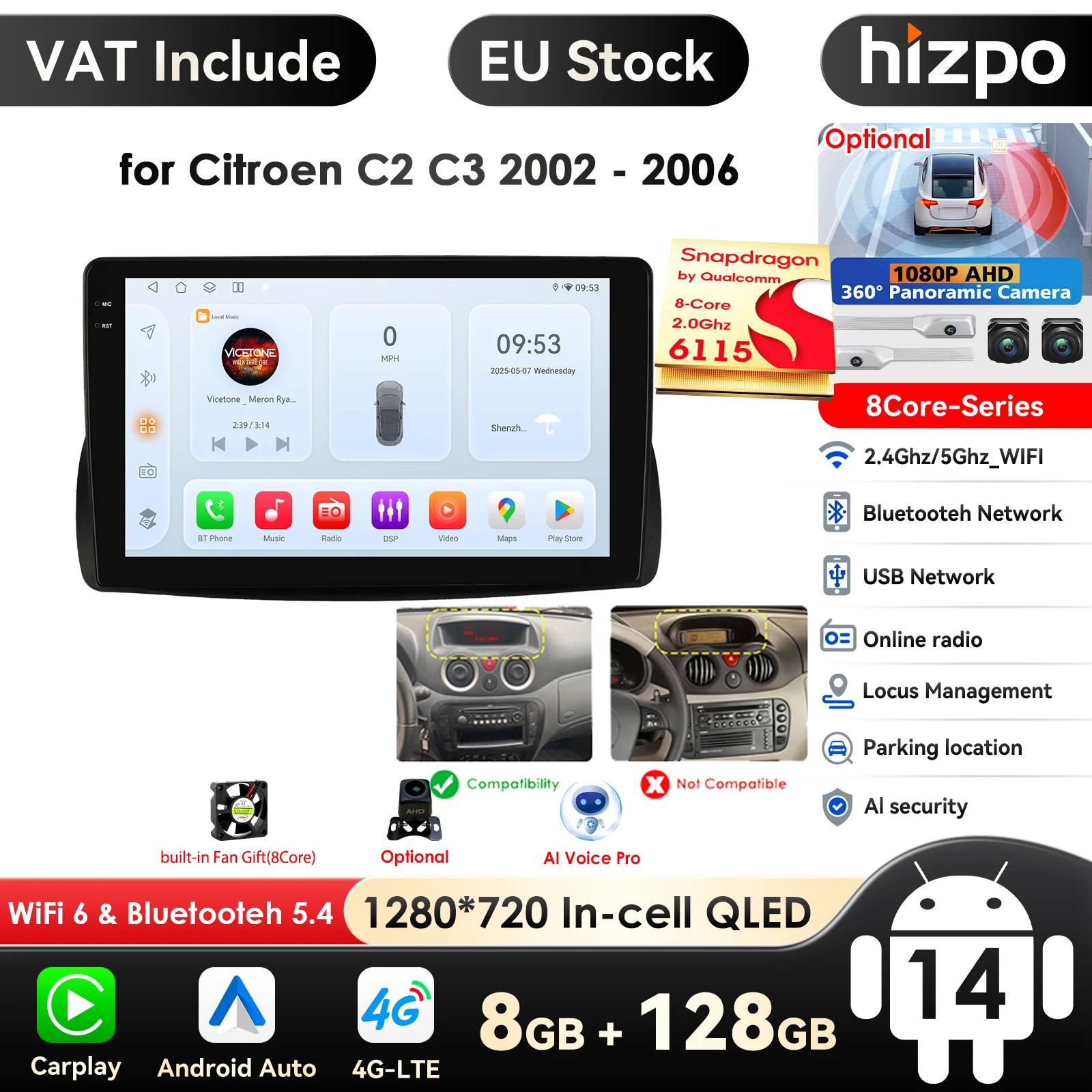 Hizpo 9 Zoll Carplay 4G 2 Din Android 14 Autoradio für Citroen C2 Citroen C3 2002 2003 2004 2005 2006 Multimedia-Video-Player GPS DSP WIFI AI Intelligente Systeme Autoradio Stereo Snapdragon von