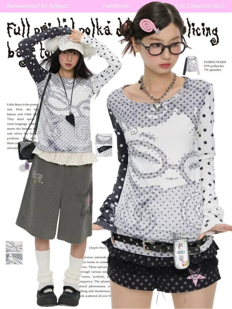 

America Spicy Girl Design Anime Polka Dots Patchwork Long-Sleeve Tshirt Slim Women Graphic T-Shirt Y2K Aesthetic Tops Streetwear