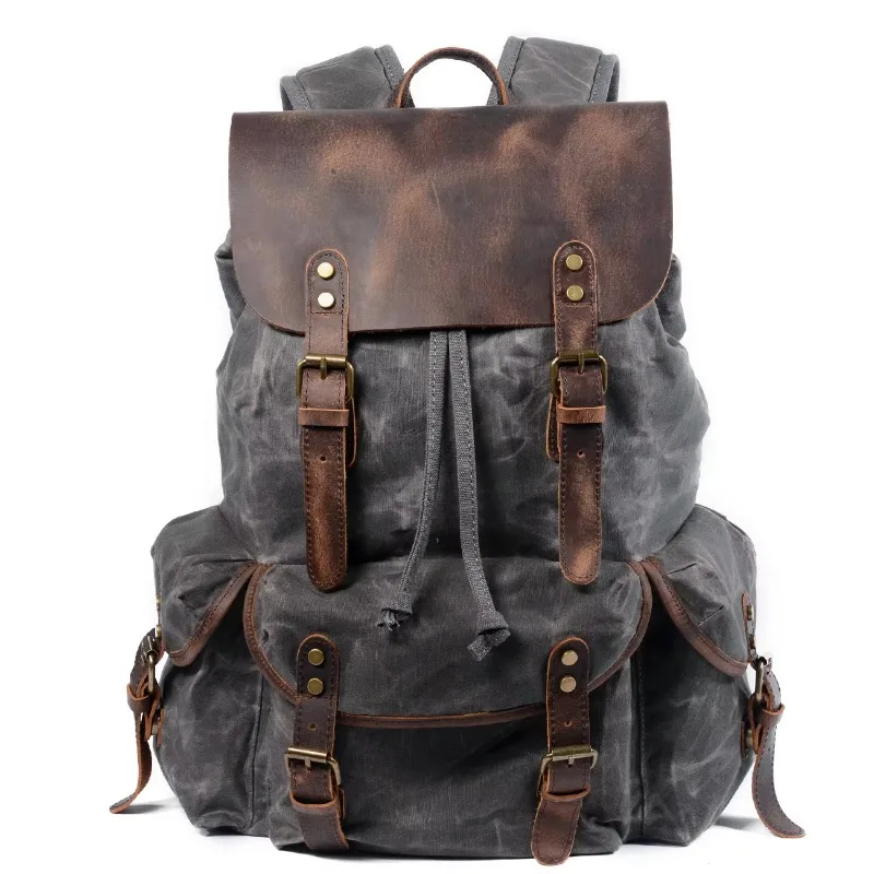 

Men's retro oil wax canvas leather notebook pull rope backpack travel bag pull canvas backpack