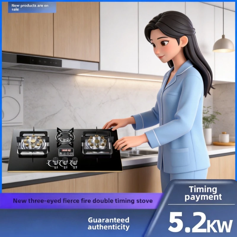 

New Household Three-Eye Gas Stove, Desktop & Embedded Dual-Purpose, Energy-Saving, Compatible with Natural Gas & LPG