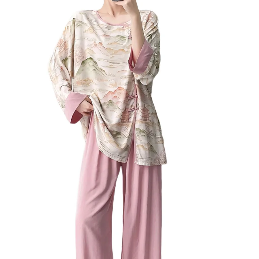 CLYFAN Tai Chi Elegant Floral Print New Chinese Pajamas Set Women Loose 3/4 Sleeve Homewear 2PCS
