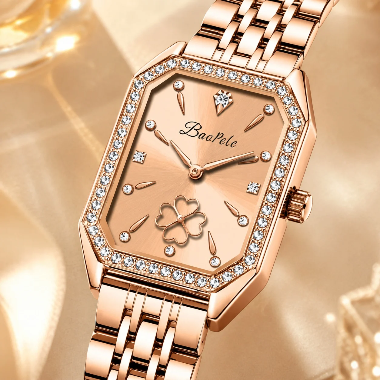 

Women Quartz Watch Rose Gold Stainless Steel Bracelet Square Rhinestone Clover Dial Luxury Fashion Wristwatch Gift