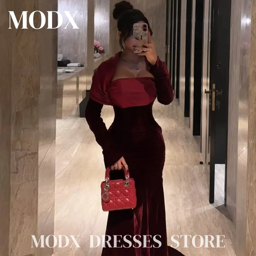

MODX Elegant Burgundy Mermaid Evening Dresses Long Sleeve Saudi Arabia Women Court Train Formal Prom Party Gown Customized 2025