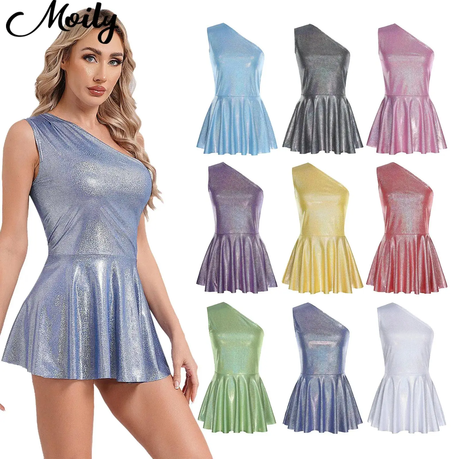 

Womens Sleeveless Metallic Clubbing Dress One Shoulder Sexy Club Dress for Pole Dance Party Clubwear Nightcub Mini Dresses