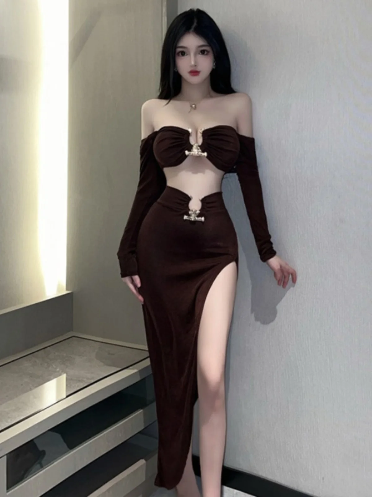 Sexy Spicy Girl Age Reduction Belly Button Exposure Long Sleeve Tube Top Split Bodycon  Skirt Set Women's Fashion Spring