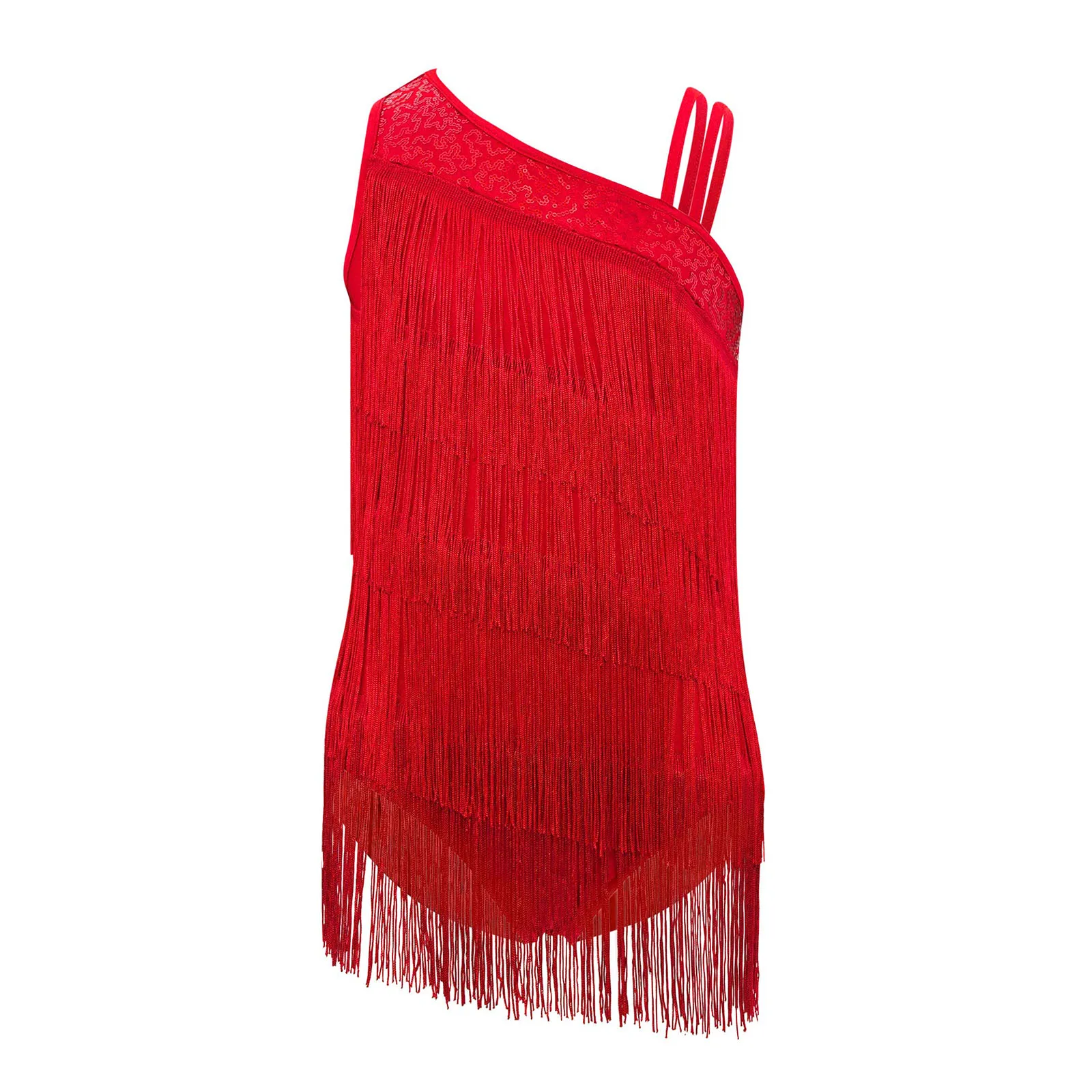 キッズガールズエレガントサルサラテンチャチャダンスパフォーマンスレオタードノースリーブティアードタッセルフリンジラテンルンバダンス衣装