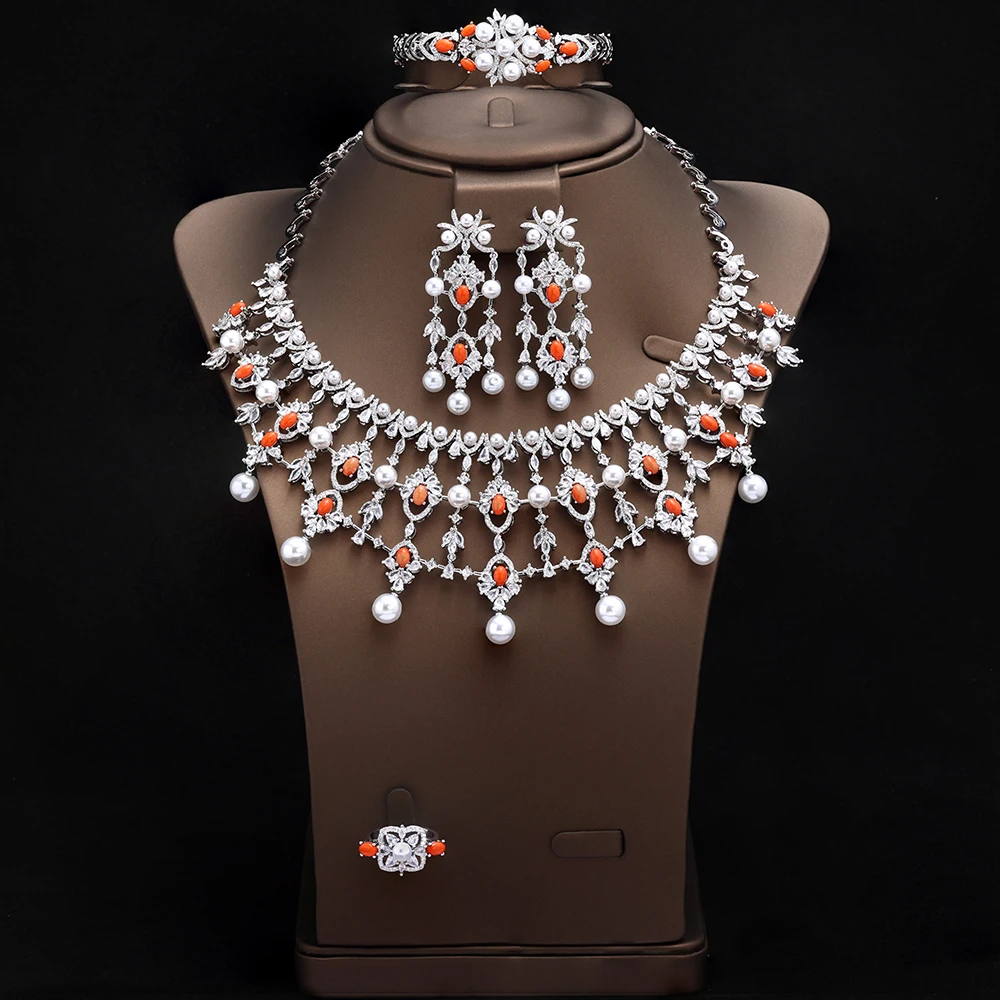 HIBRIDE New Premium Blue Pearl Necklace Earrings Bracelet Set Womens Dress Decorative Jewelry Wedding Holiday Gift S-1012