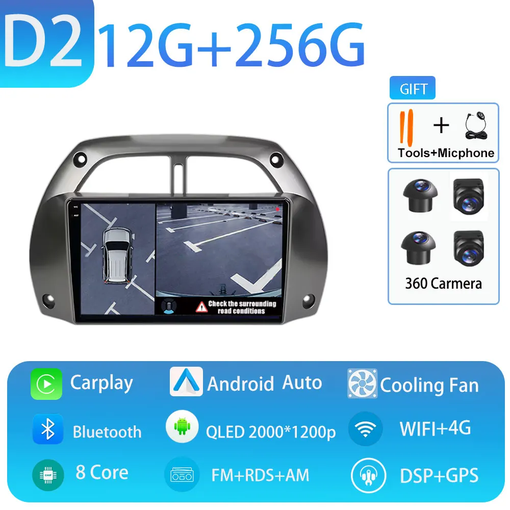 Android 15 voor Toyota RAV4 2001-2005 Draadloze CarPlay Autoradio Video Audio Multimedi Speler Auto BT WIFI 4G 2K QLED Geen 2 din