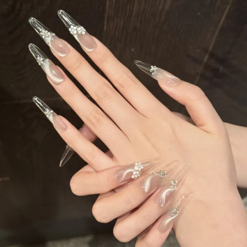 10szt Ręcznie robione wielokrotnego użytku Press on Nails Akrylowe 3D Kwiatowe sztuczne paznokcie z wzorem Bardzo długie koreańskie sztuczne paznokcie z zawieszkami 2025