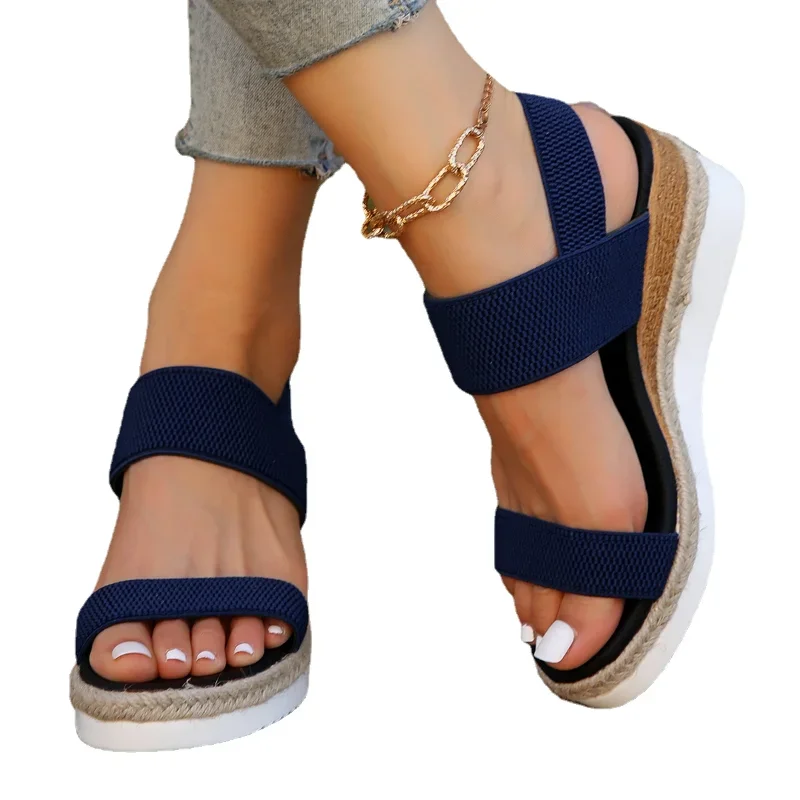 Sandalias de plataforma con banda elástica para mujer, zapatos de verano con punta abierta y cuña de Color liso, gran oferta, 2024