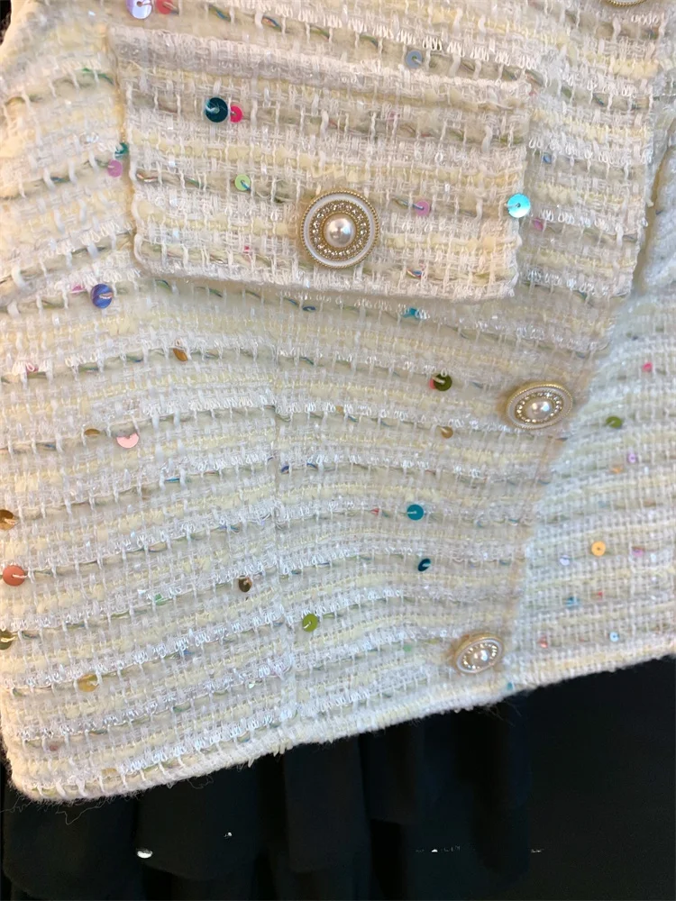 

Bead Chunky Tweed Vest Women's Summer Small Size Open Cardigan Square Collar Svel Top Faion Design