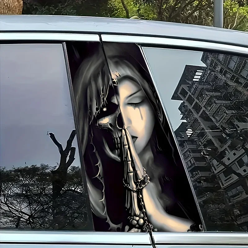Pegatina de bruja de oración para coche, película protectora de Pilar B para vehículo con diseño de calavera, decoración de coche desechable, pegatina adhesiva de protección solar, 2 uds.