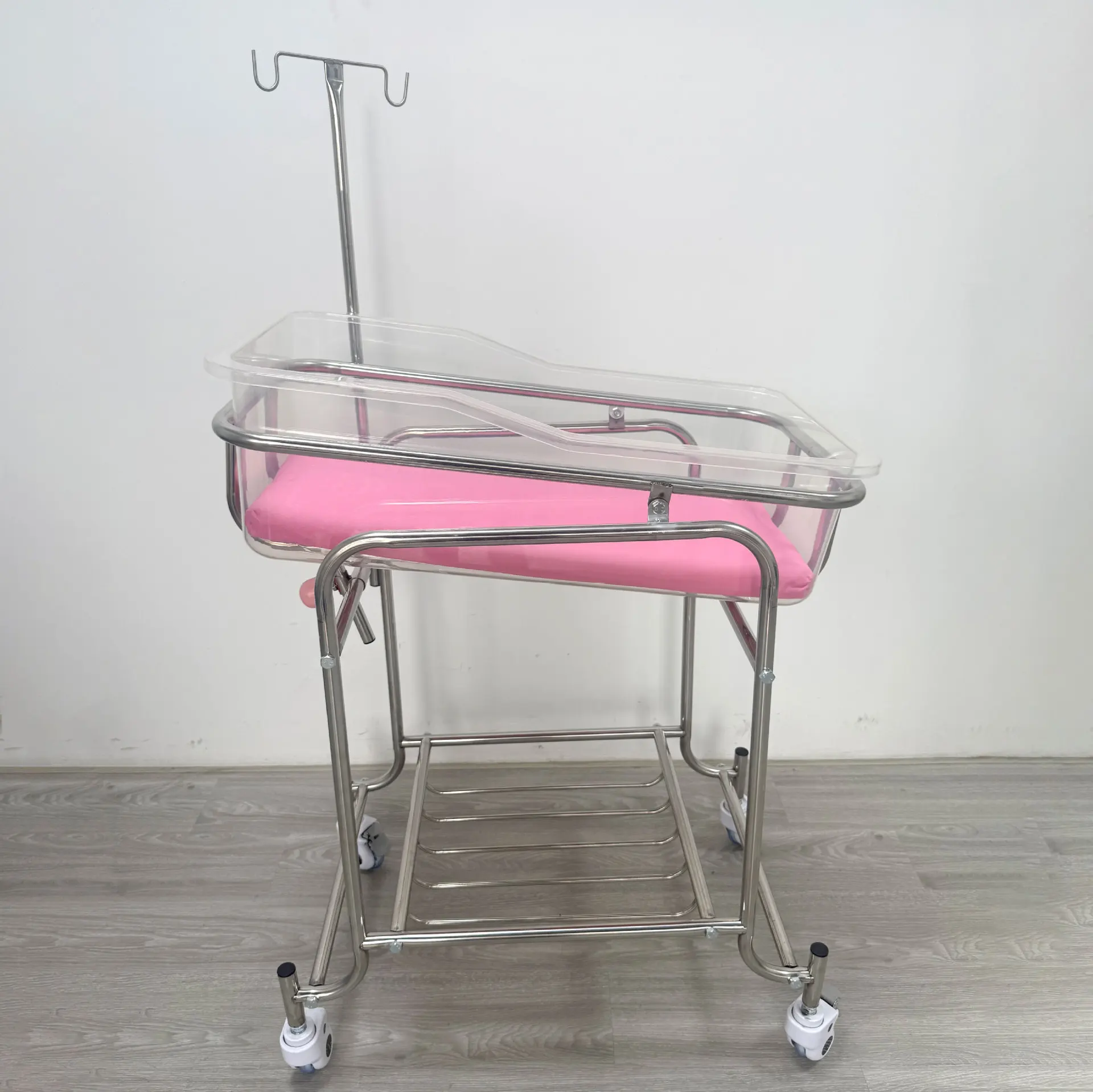 Stainless Steel Baby Bassinet Trolley Adjustable Incline Anti-Spit Up Newborn Hospital Nursery Cart