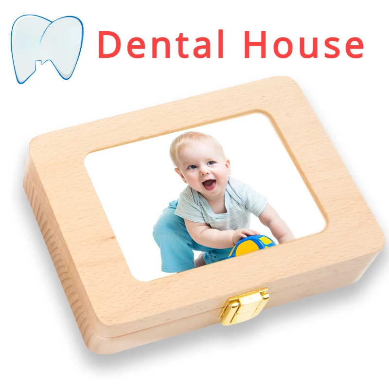 Baby Tooth Box Wooden Dental House Children Teeth Drop Box Hoto Frame Teeth Hair Storage Container Saver Memorial Box Kids Gifts