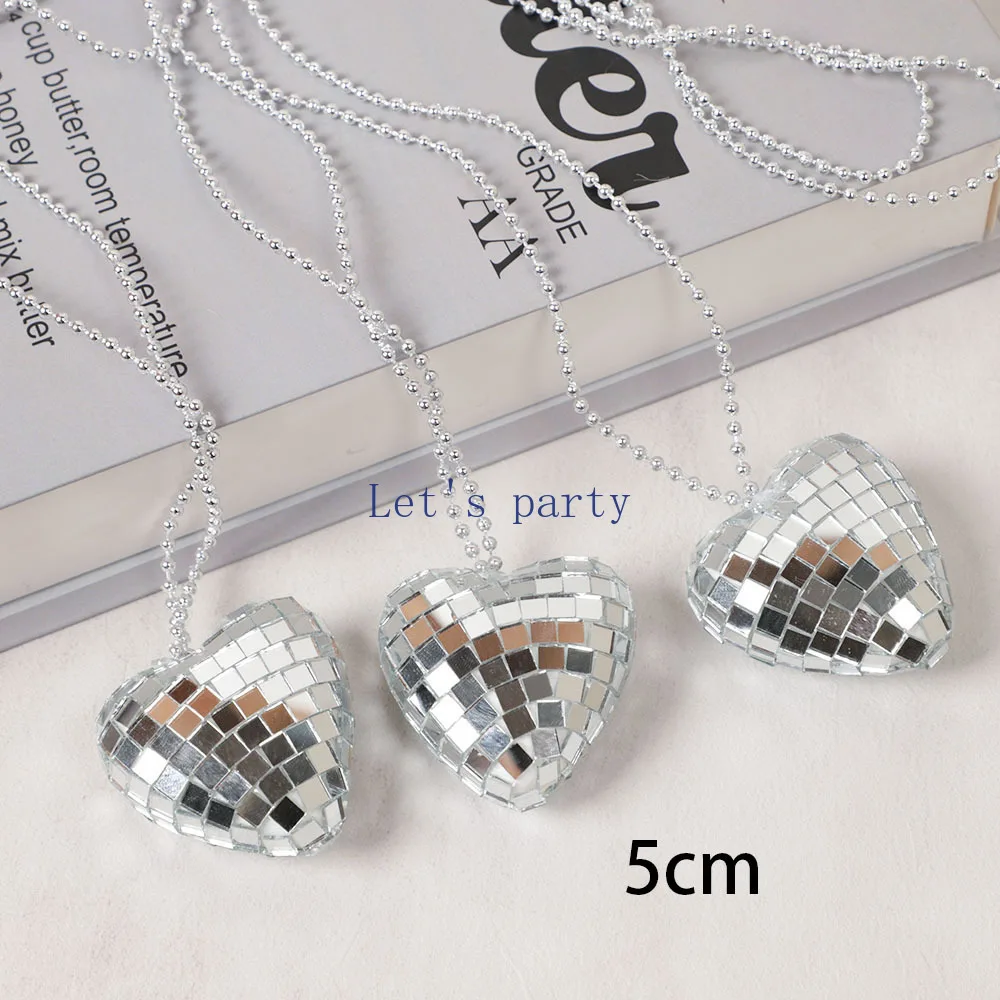 2/4Pcs Retro Mirror Disco Ball Heart Necklaces for 70s 80s Disco Music Theme Birthday Valentine\'s Day Wedding Party Favors Decor