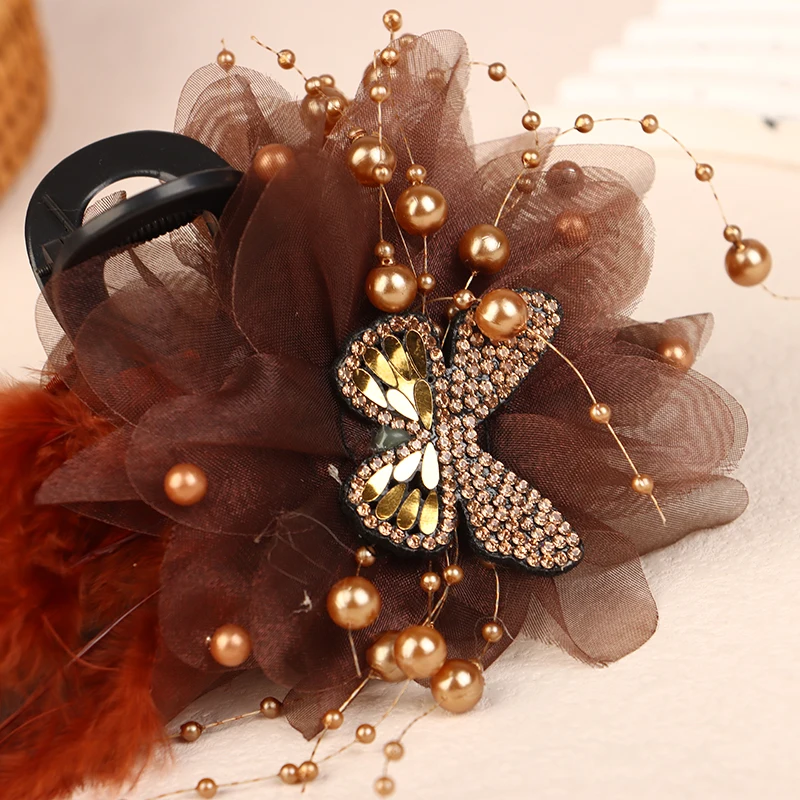 Mode Elegante Schmetterling Feder Perlen Quaste Clip Koreanische Fee Haar Klaue Shark Clip Frauen Temperament Haar Zubehör – Detail 5
