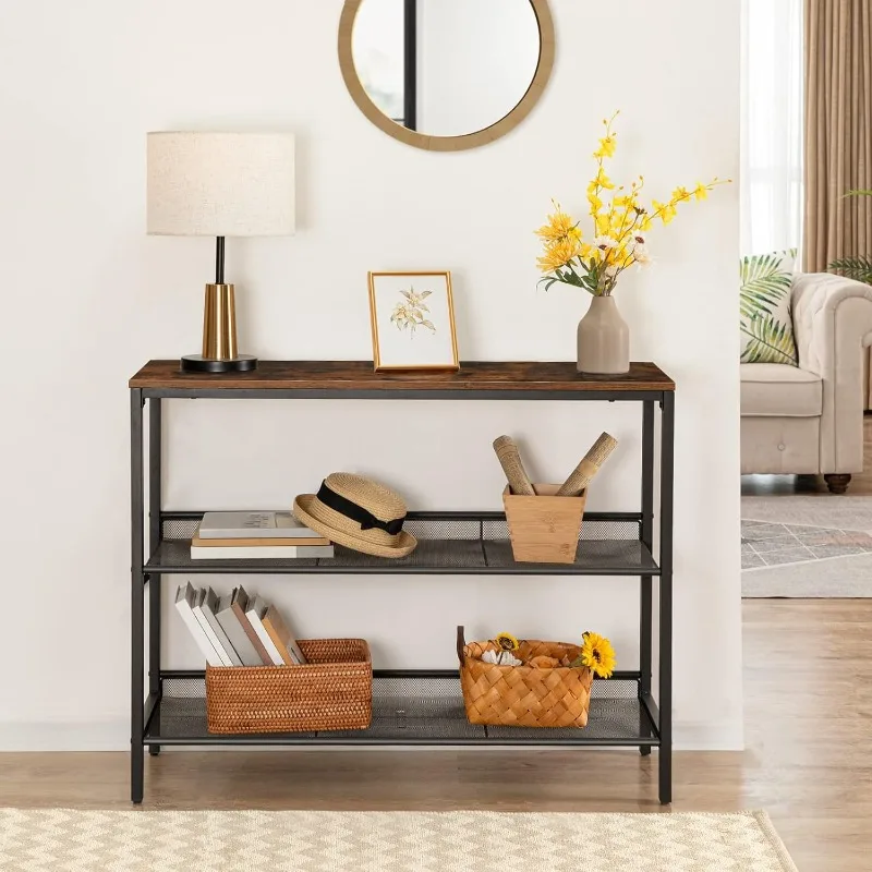 Console Table, Sofa Table with 2 Flat or Slant Adjustable Mesh Shelves, Hallway Table and Sideboard in Entryway