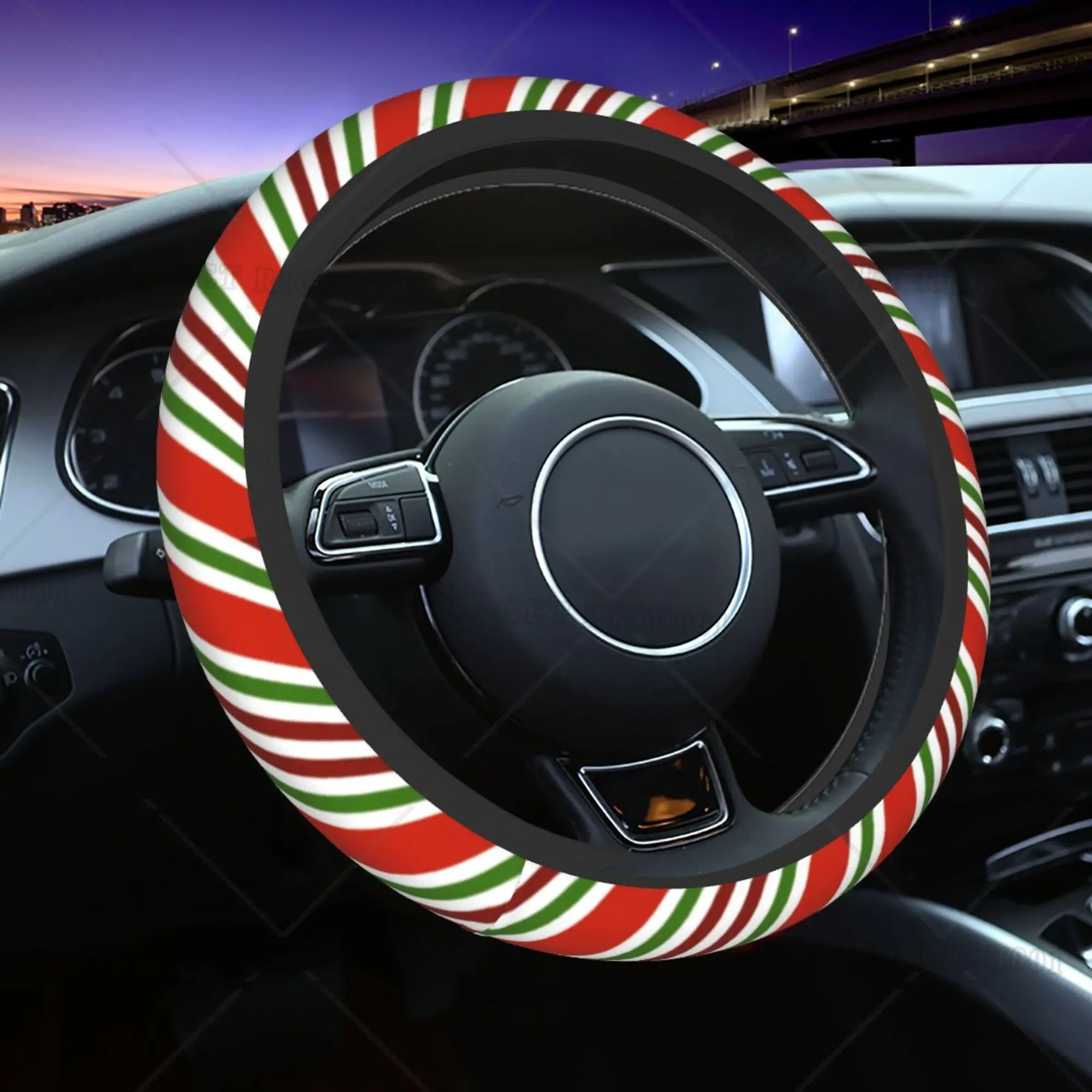 Red and Green Candy Cane Stripe Christmas Car Steering Wheel Cover Tartan Car Decoration Accessories Car Interior for Men Women