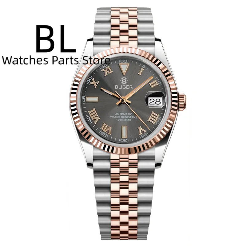 BLIGER 36mm39mm Two Tone Rose Gold Men's Watches Sapphire Glass Sunburst Gray Dial Rose Roman Index Luminous Indices Waterproof