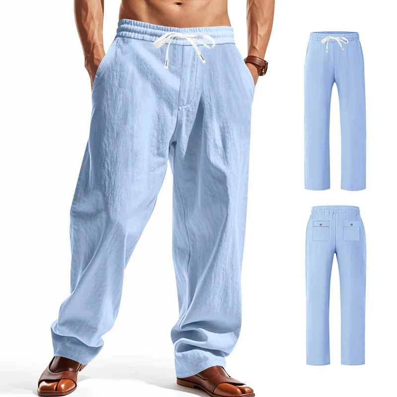 

New Cotton Linen Men's Casual Pants Summer Thin Simple High Street Wide-Leg Cargo Pants Men's Style