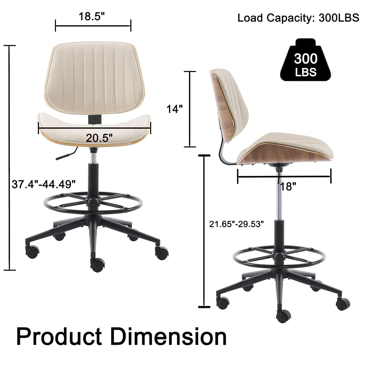 Armless Drafting Chair with Bentwood Backrest, Adjustable Height, Footrest Ring, Swivel PU Seat for Standing Desk, Customized