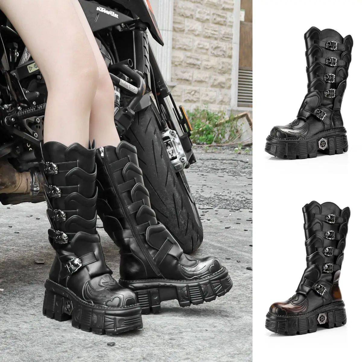 Fashion Punk Genuine Leather Motorcycle Boots Street British Platform Heavy Metal Workwear Sexy Rock Mid-calf Boots Zip Flame