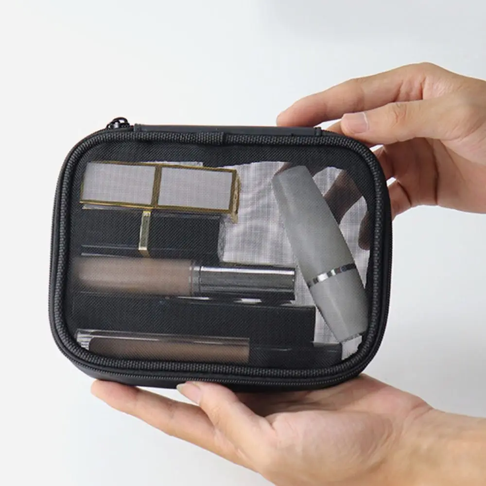 Portable Solid Color Transparent Cosmetic Bag Mesh Toiletry Bag Makeup Bag