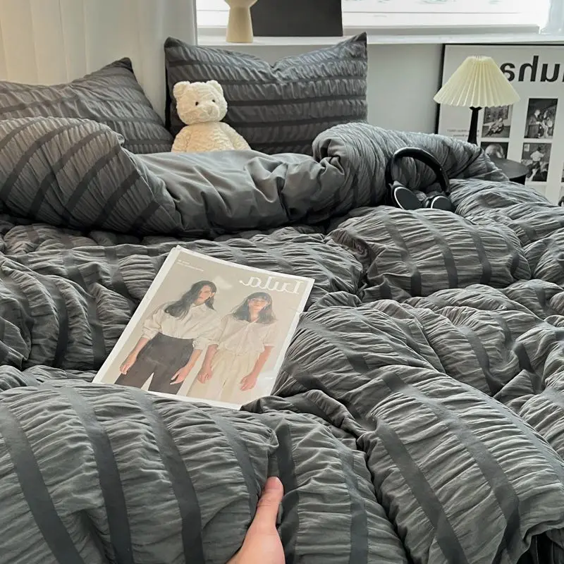 

Nordic Grey Seersucker Bedding Set NO Filler Solid Color Duvet Cover Flat Sheets Pillowcase Soft Comforter Cover for Adults Boys