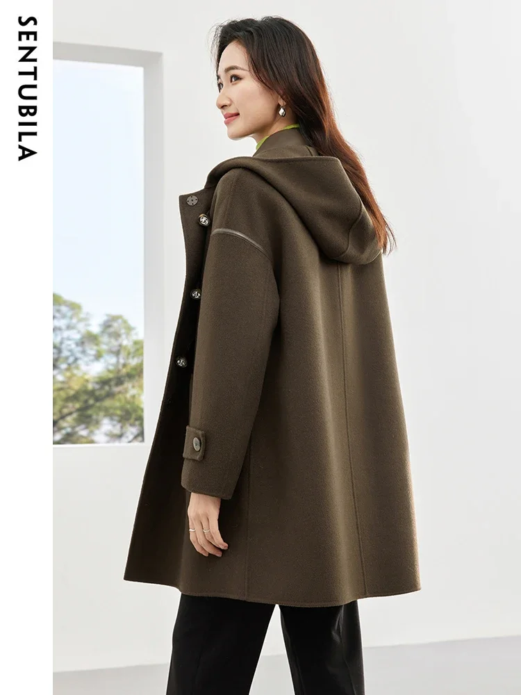 SENTUBILA 100% Wool Coat Women Mid Length Hooded Double Sided Woolen Jacket 2024 Autumn Winter Horn Button Overcoat W44O58474X