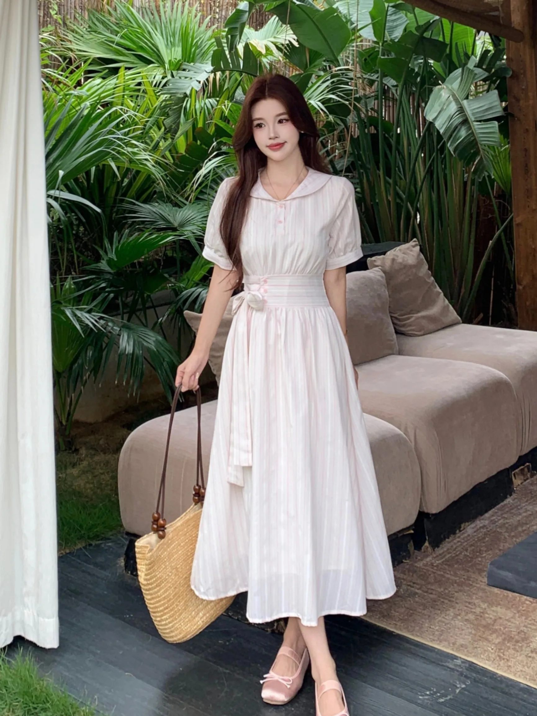 

plus Size Women's Pink Striped Doll Collar A-Line Long Dress Summer New Style Waist Cinched Korean Style Commute Wind Dress