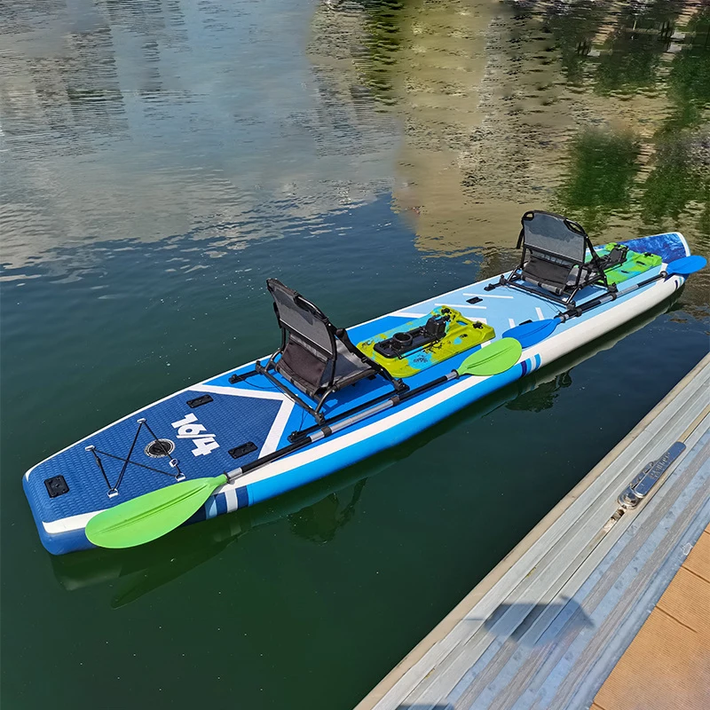 قارب بدواسة قابل للنفخ لشخصين، محمول من Catamaran SUP مع مقاعد صيد بدواسات من الألومنيوم، لصيد ركوب الأمواج في البحيرة