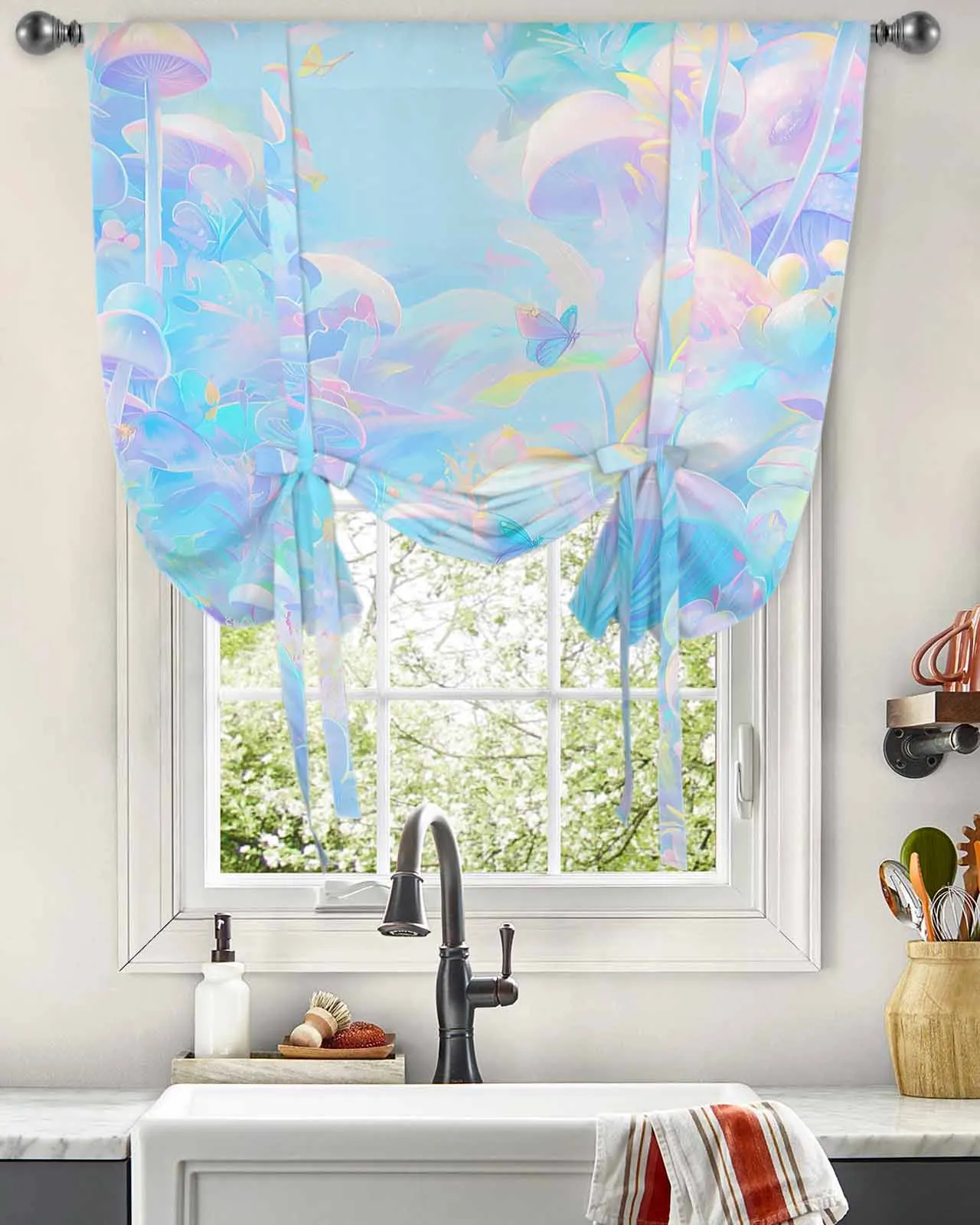 Rainbow Mushroom Butterfly Radiance Abstract Art Window Curtain for Living Room Home Blinds Drapes Kitchen Tie-up Short Curtains