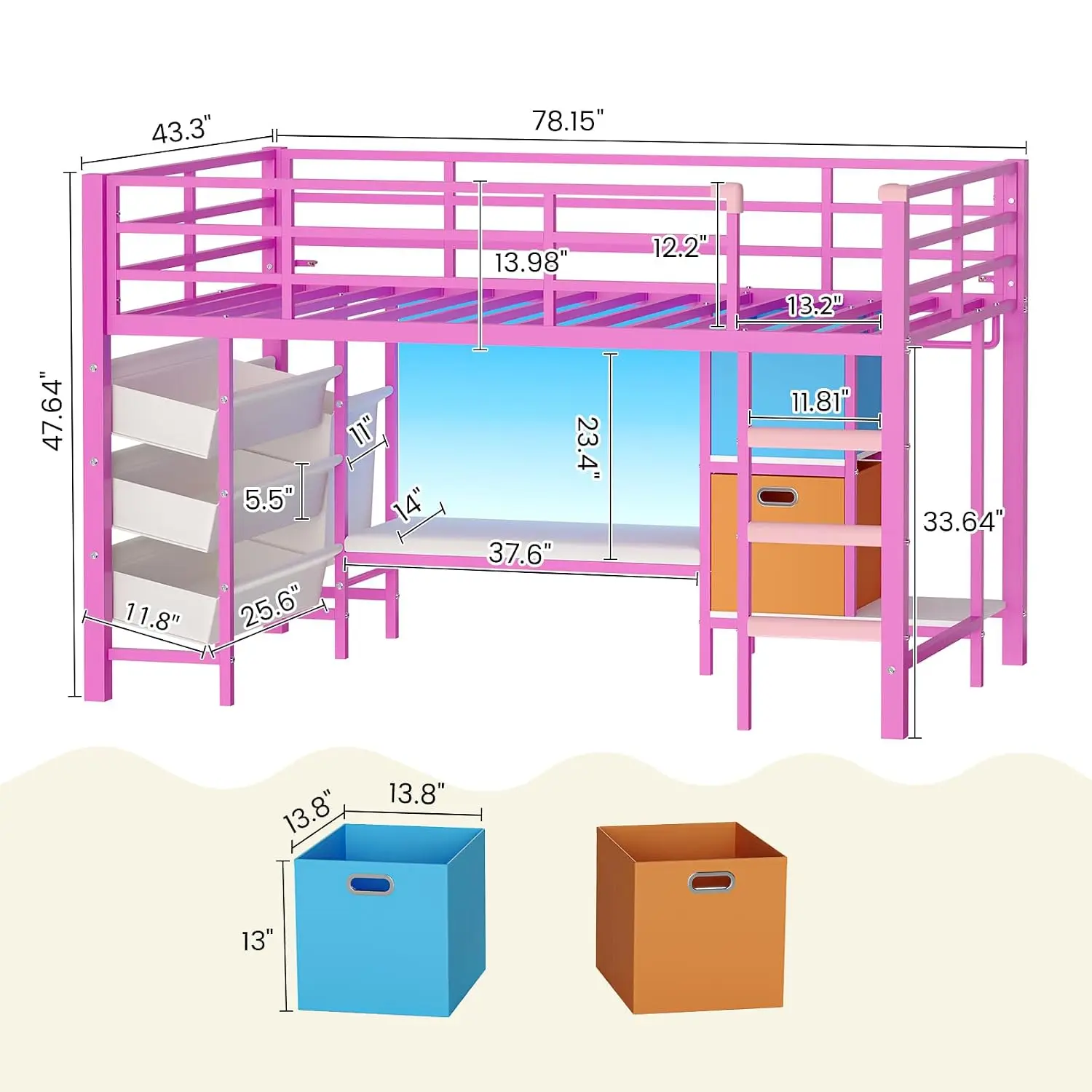 Low Loft Bed Twin Size with Storage Bins and Reading Corner, Pink | Reading Bench & LED Lights, 3 Sling Drawers & 2, Customized